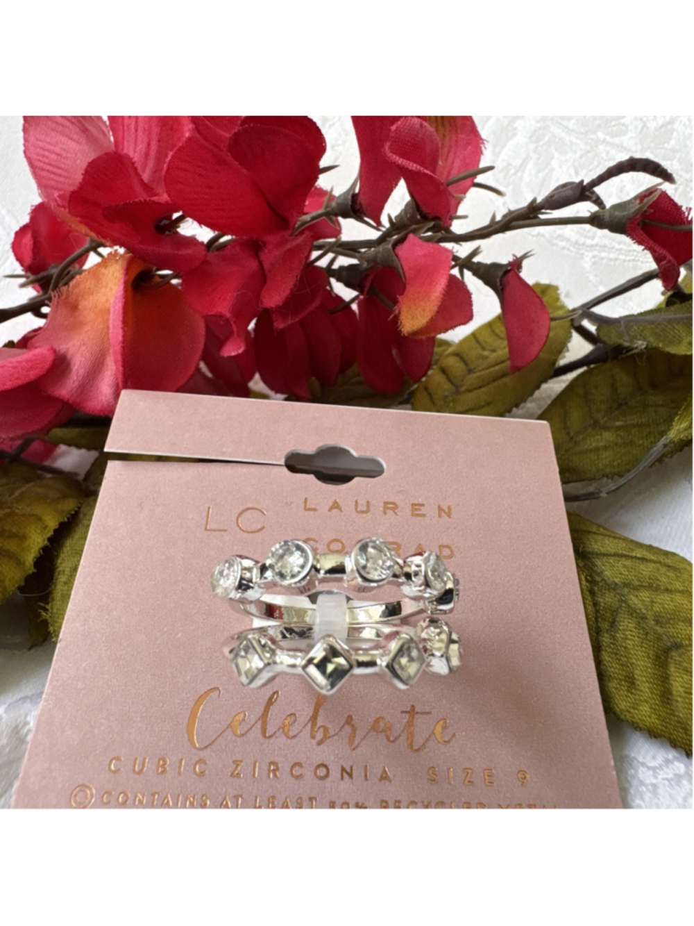 LC LAUREN CONRAD Dainty 2 PC Stack SIZE 9 Ring Silvertone CZ Band SET NEW